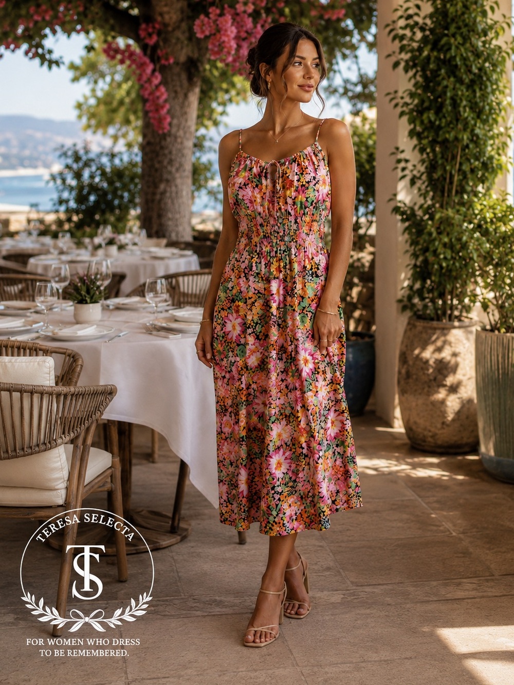 H&M Floral Maxi Dress Pink Multicolor Smocked Waist Cotton Size M